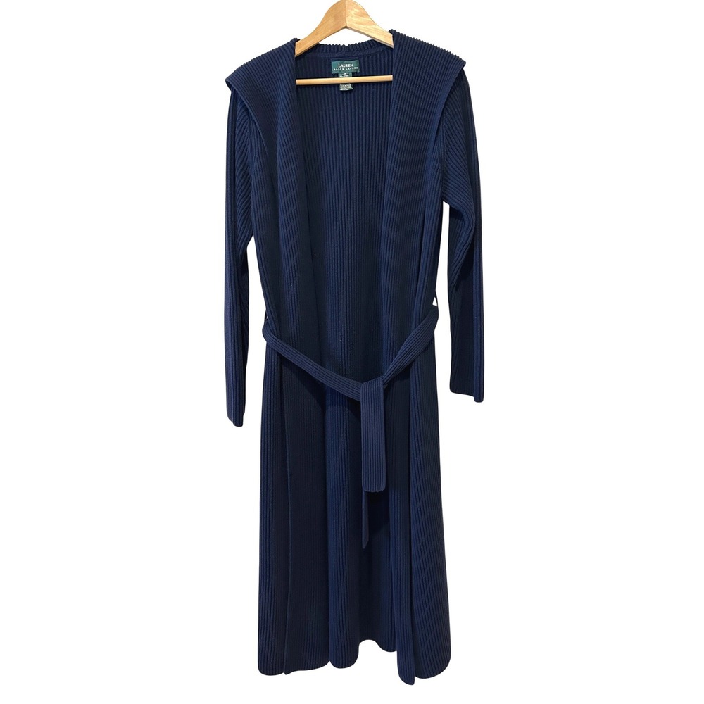 Lauren Ralph Lauren Long Cardigan M Navy Blue Belted Ribbed Hooded Duster Preppy